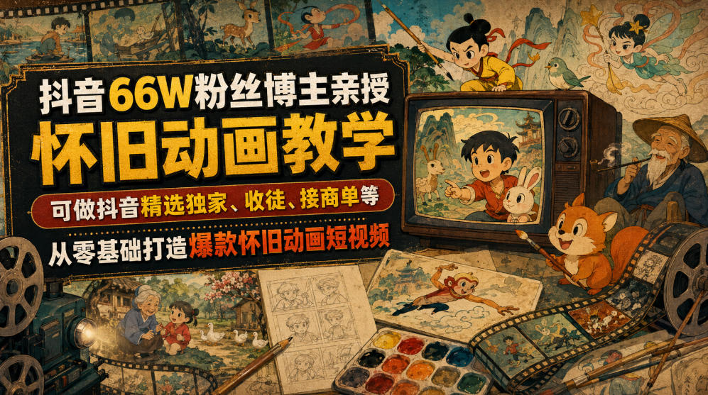 抖音66W粉丝博主亲授怀旧动画教学，可做抖音精选独家、收徒、接商单等，从零基础打造爆款怀旧动画短视频-凡人轻创