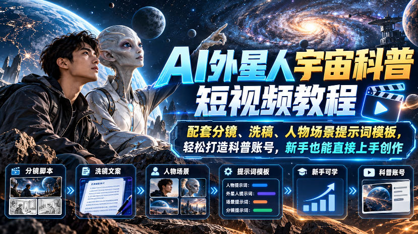 AI外星人宇宙科普短视频教程，配套分镜、洗稿、人物场景提示词模板，轻松打造科普账号，新手也能直接上手创作-凡人轻创