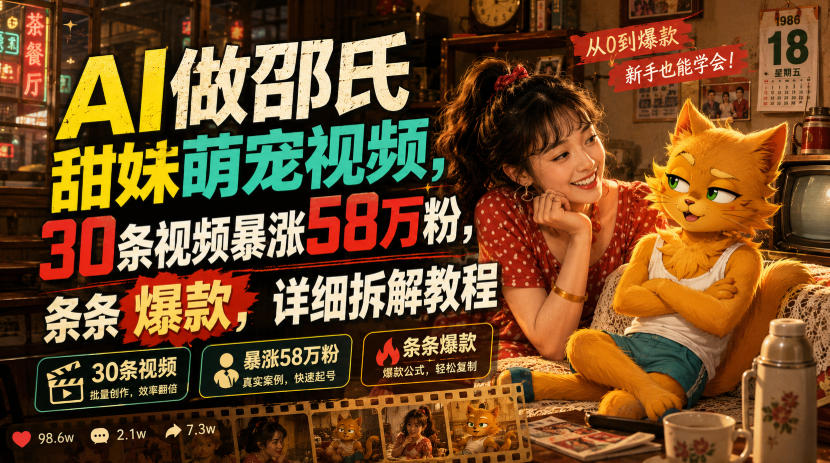 AI做邵氏甜妹萌宠视频，30条视频暴涨58万粉，条条爆款，详细拆解教程-凡人轻创