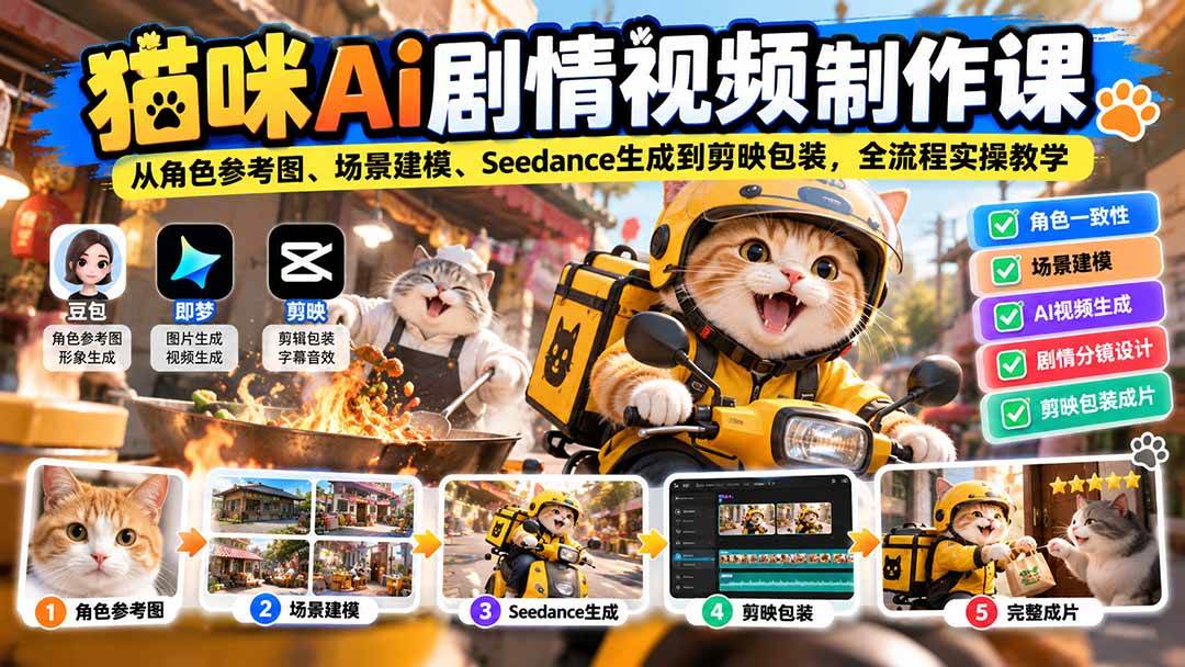 (20793期)猫咪AI剧情视频制作课:从角色参考图、场景建模、Seedance生成到剪映包装,全流程实操教学-凡人轻创