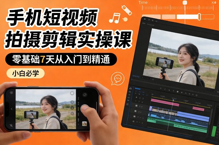 手机短视频拍摄剪辑实操课，零基础7天从入门到精通，小白必学-凡人轻创