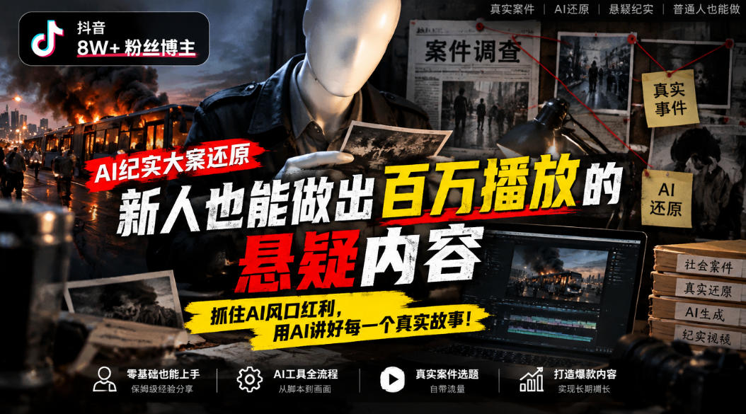 抖音8W粉丝博主的AI纪实大案还原教学,新人也能做出百W播放的悬疑内容,抓住AI风口红利,用AI讲好每一个真实故事-凡人轻创