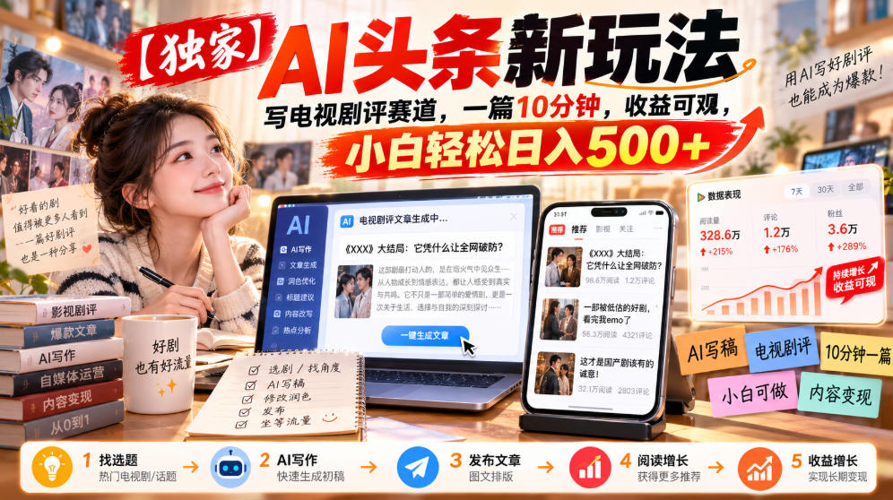 【独家】AI头条新玩法,写电视剧评赛道,一篇10分钟,收益可观,小白轻松日入500+-凡人轻创