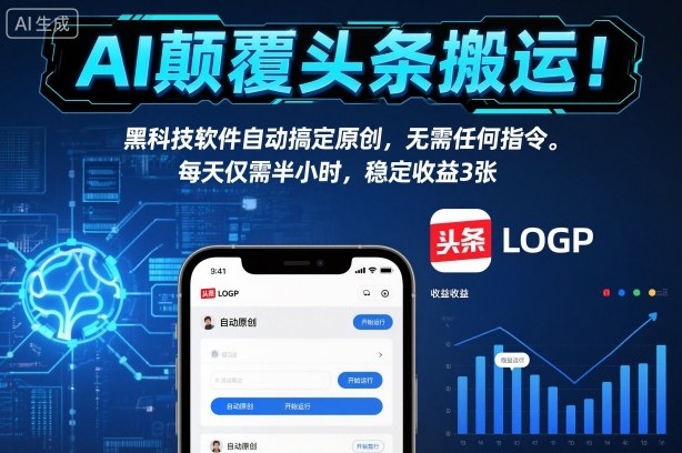 AI颠覆头条搬运！黑科技软件自动搞定原创，无需任何指令。每天仅需半小时，稳定收益3张【揭秘】-凡人轻创