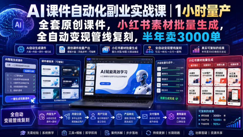 AI课件自动化副业实战课|1小时量产全套原创课件,小红书素材批量生成,全自动变现管线复刻,半年卖3000单-凡人轻创
