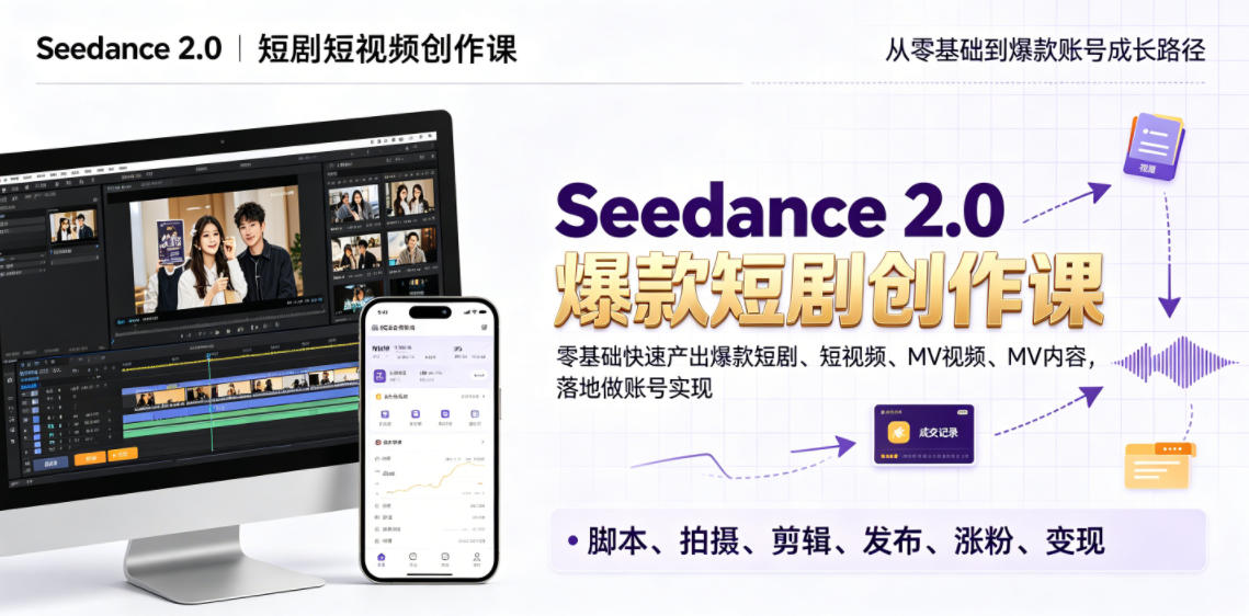 Seedance 2.0短剧短视频创作课，零基础快速产出爆款短剧、短视频、MV内容，落地做账号实现变现-凡人轻创