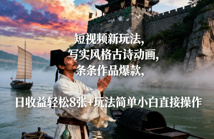 短视频新玩法，写实风格古诗动画，条条作品爆款，日收益轻松8张+玩法简单小白直接操作-凡人轻创