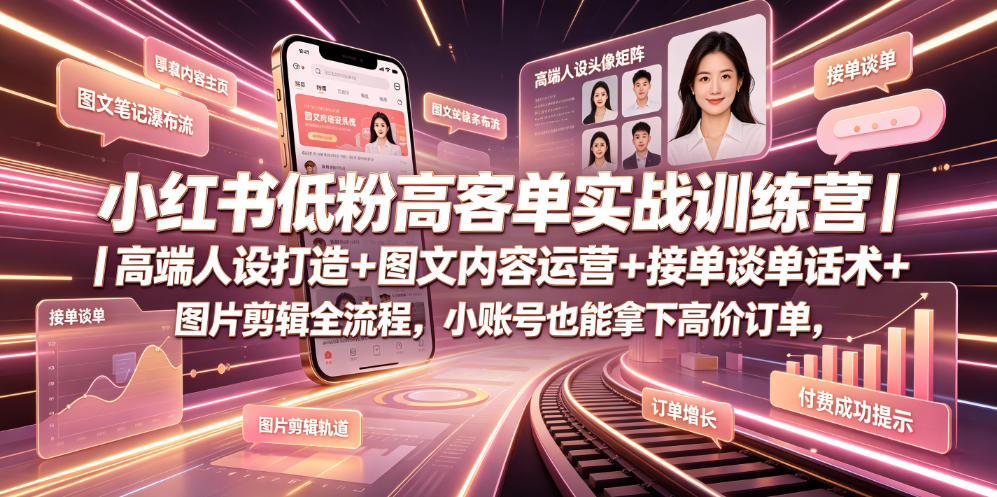 小红书低粉高客单实战训练营｜高端人设打造+图文内容运营+接单谈单话术+图片剪辑全流程，小账号也能拿下高价订单-凡人轻创