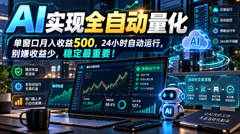 AI实现全自动量化，单窗口月入收益500，24小时自动运行，别嫌收益少，稳定最重要！【揭秘】-凡人轻创
