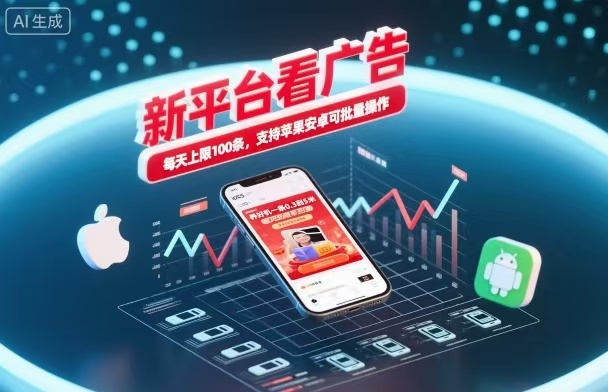新台看广告，养好机一条5毛到5块，单机日入30到100，支持苹果安卓，可批量操作。-凡人轻创