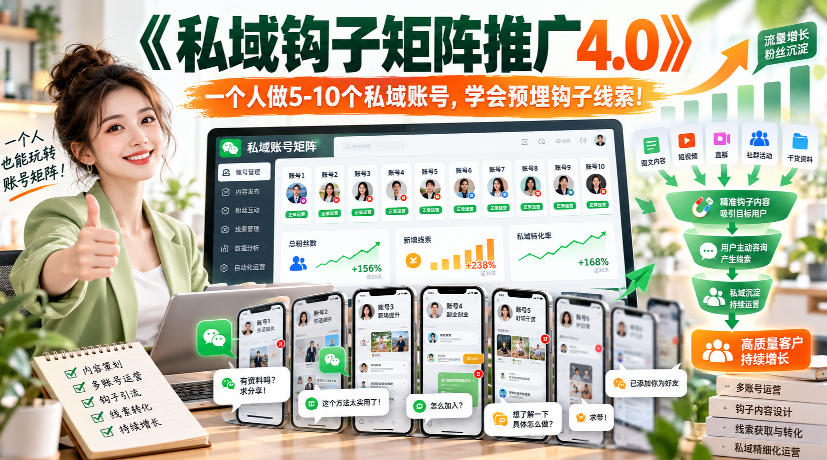 【无水印】《私域钩子矩阵推广4.0》一个人做5-10个私域账号,学会预埋钩子线索!-凡人轻创