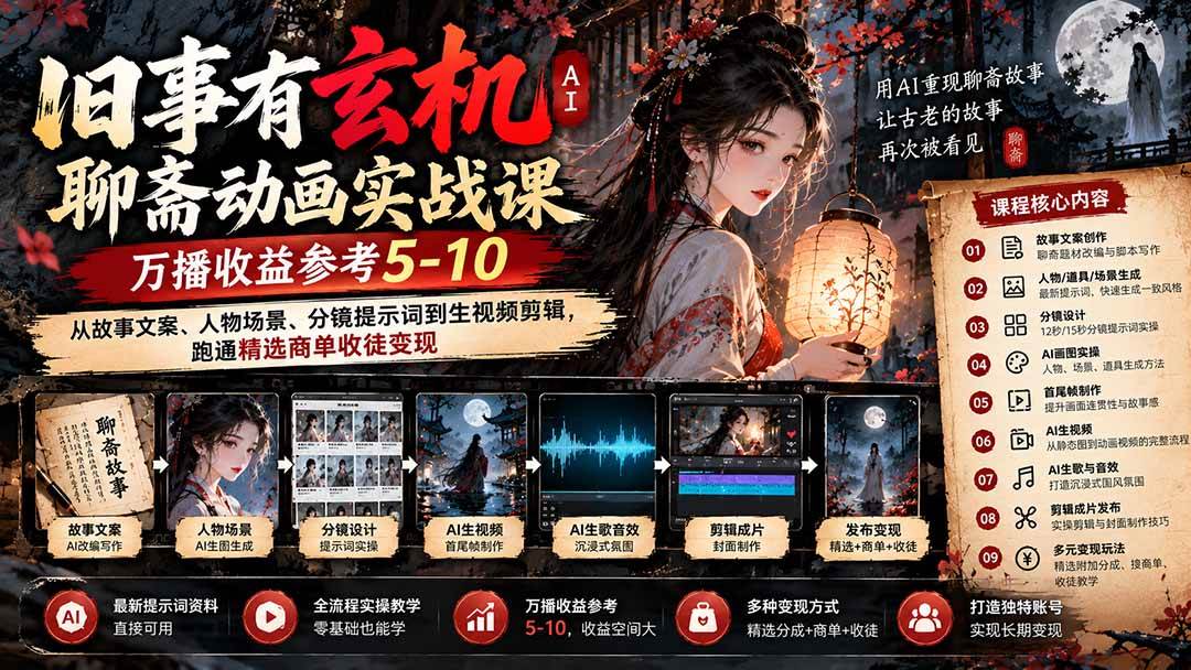 (20789期)旧事有玄机AI聊斋动画实战9月新课:万播收益参考5-10,从故事文案、人物场景到分镜生视频,跑通精选商单收徒-凡人轻创
