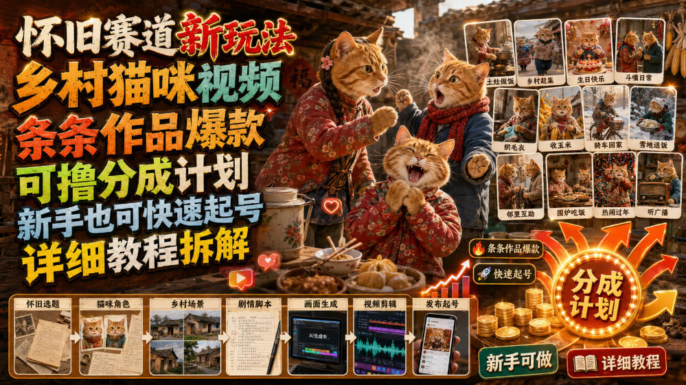 怀旧赛道新玩法,乡村猫咪视频,条条作品爆款,可撸分成计划,新手也可快速起号,详细教程拆解-凡人轻创