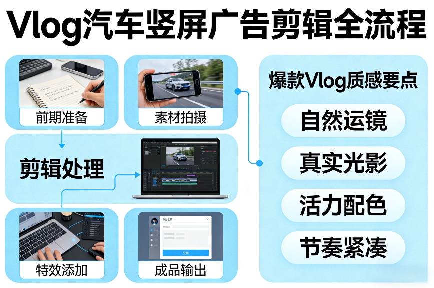 Vlog感觉汽车竖屏广告剪辑脚本全流程，拿捏爆款Vlog质感-凡人轻创