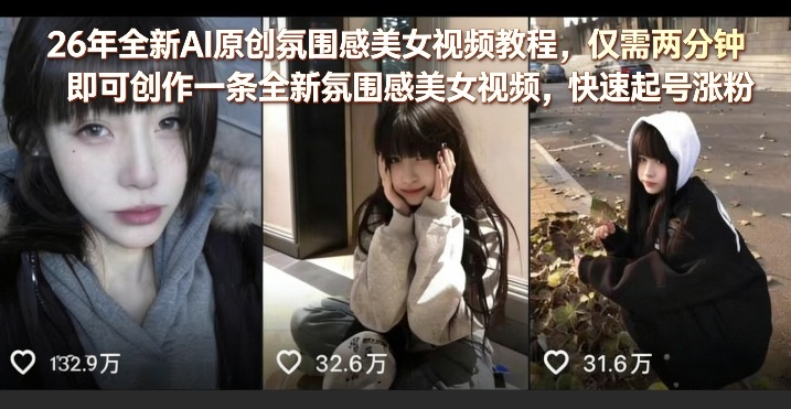 26年全新AI原创氛围感美女视频教程,仅需两分钟即可创作一条全新氛围感美女视频,快速起号涨粉-凡人轻创