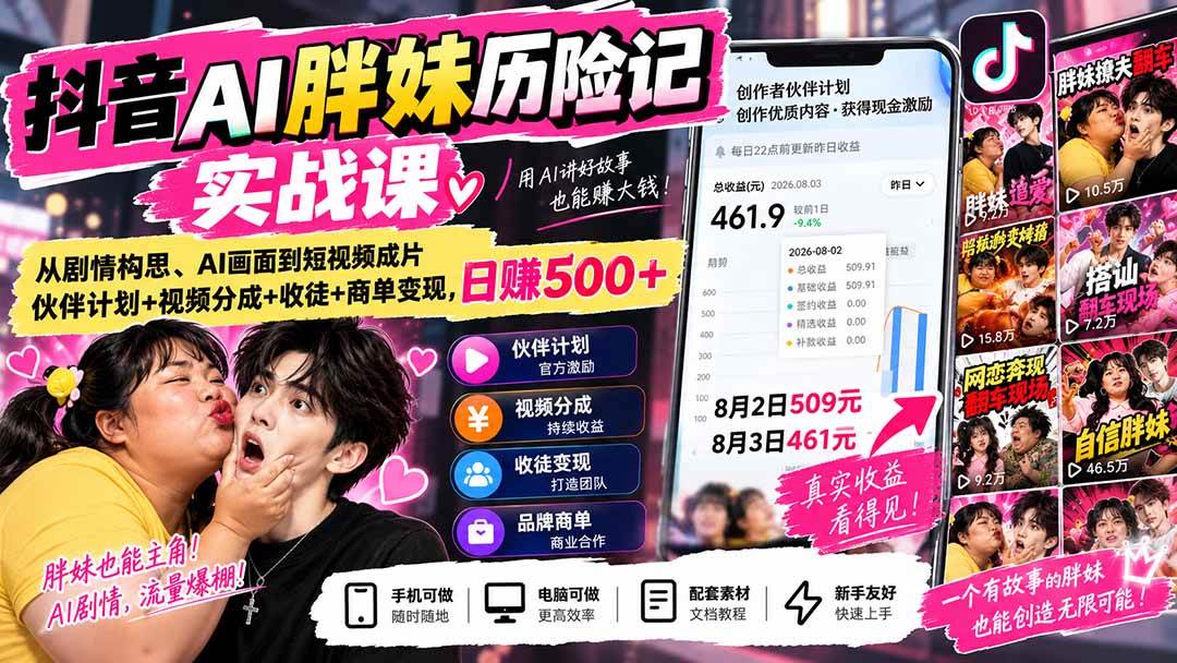 (20489期)抖音AI胖妹历险记实战课:从剧情构思、AI画面到短视频成片,伙伴计划+视频分成+收徒+商单变现,日赚500+-凡人轻创