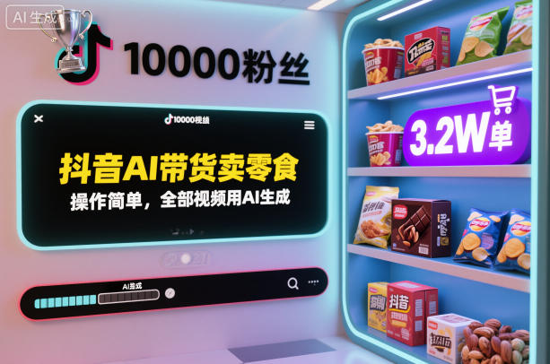 抖音AI带货卖零食，操作简单，全部视频用AI生成，一万粉丝，卖了3.2W单-凡人轻创