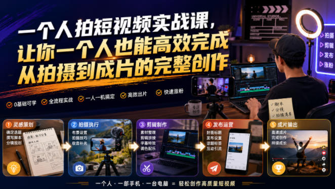 一个人拍短视频实战课，让你一个人也能高效完成从拍摄到成片的完整创作-凡人轻创