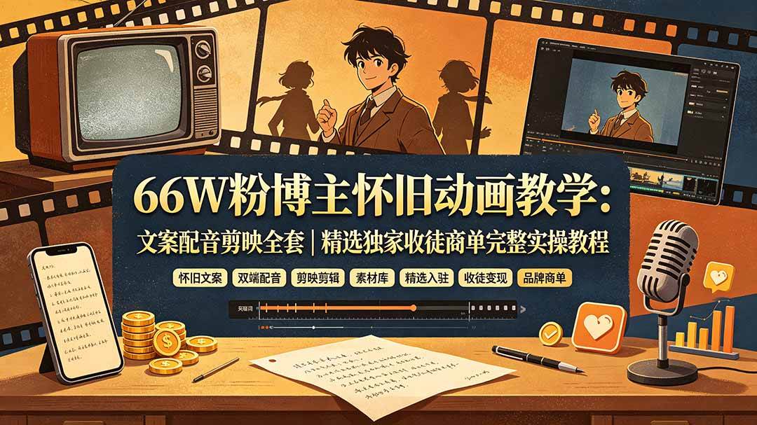 (19499期)66W粉博主怀旧动画教学:文案配音剪映全套|精选独家收徒商单完整实操教程-凡人轻创