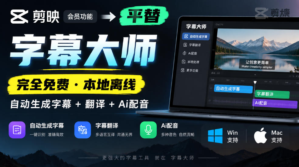 剪映会员功能平替,字幕大师完全免费本地离线,支持自动生成字幕+翻译+Ai配音,Win和Mac都支持!-凡人轻创