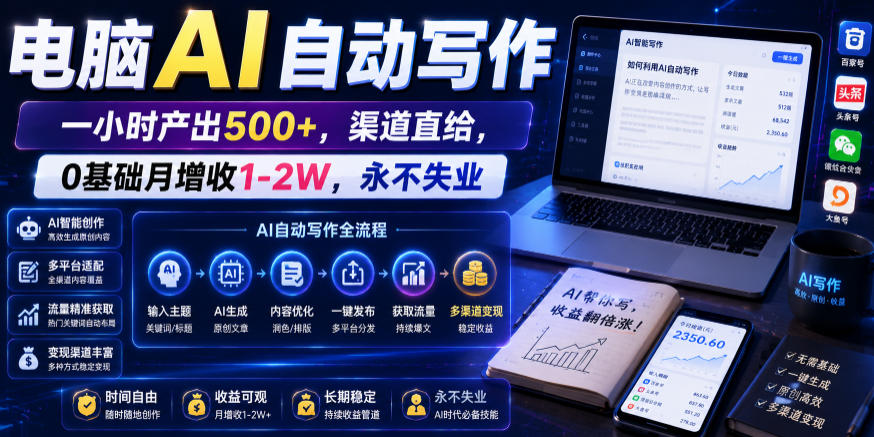 电脑AI自动写作，一小时产出500+，渠道直给，0基础月增收1-2W，永不失业【揭秘】-凡人轻创