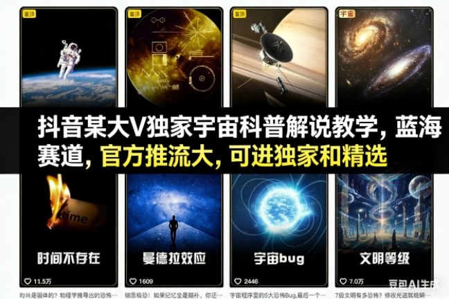 抖音某大V独家宇宙科普解说教学，蓝海赛道，官方推流大，可进独家和精选-凡人轻创