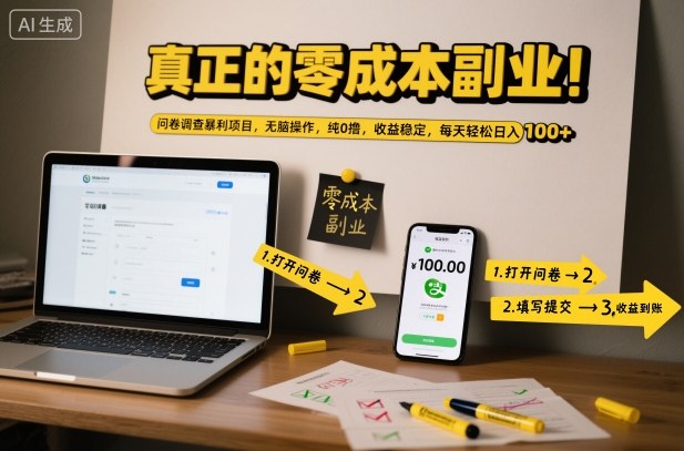 真正的零成本副业！问卷调查暴利项目，无脑操作，纯0撸，收益稳定，每天轻松日入100+【揭秘】-凡人轻创