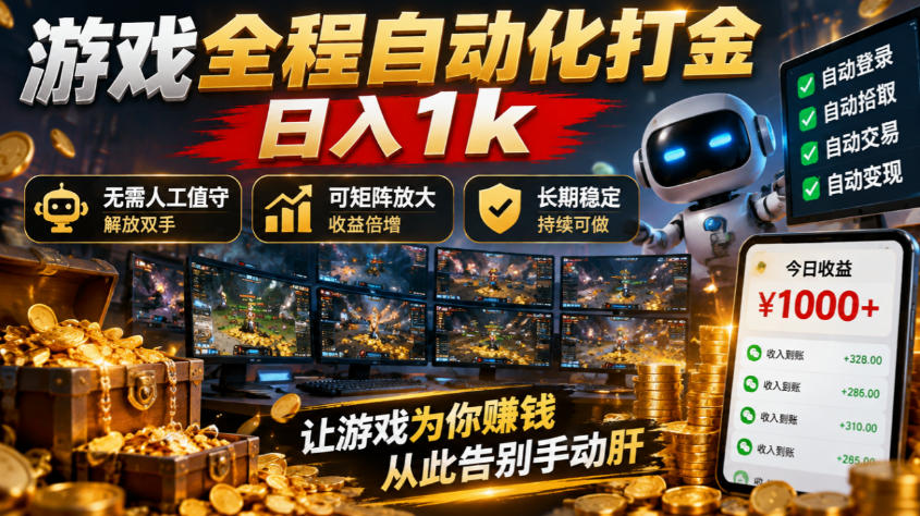 游戏全程自动化打金,日入1k,无需人工值守,解放双手,可矩阵放大,长期稳定【揭秘】-凡人轻创