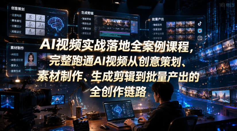 AI视频实战落地全案例课程，完整跑通AI视频从创意策划、素材制作、生成剪辑到批量产出的全创作链路-凡人轻创