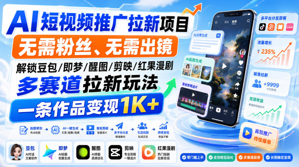 AI短视频推广拉新项目,无需粉丝、无需出镜,解锁豆包/即梦/醒图/剪映/红果漫剧多赛道拉新玩法,一条作品变现1K+-凡人轻创