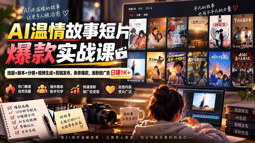 (20477期)AI温情故事短片爆款实战课-更新|选题+剧本+分镜+视频生成+剪辑发布,条条爆款,涨粉接广告日赚1K+-凡人轻创