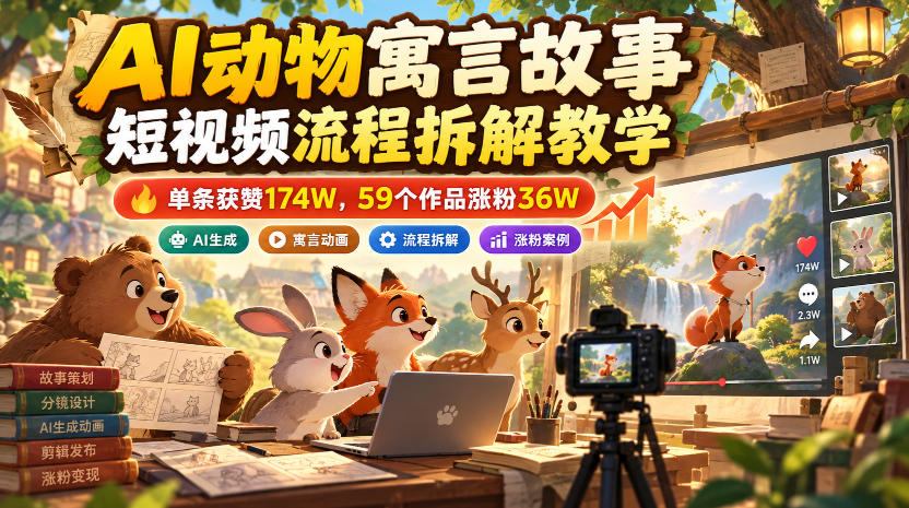 AI动物寓言故事短视频流程拆解教学,单条获赞174W,59个作品涨粉36W-凡人轻创