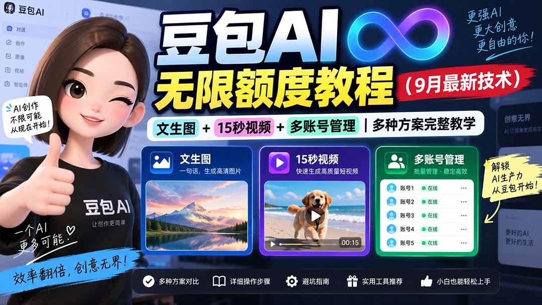 (20288期)豆包AI无限额度教程(9月最新技术)|文生图+15秒视频+多账号管理|多种方案完整教学-凡人轻创