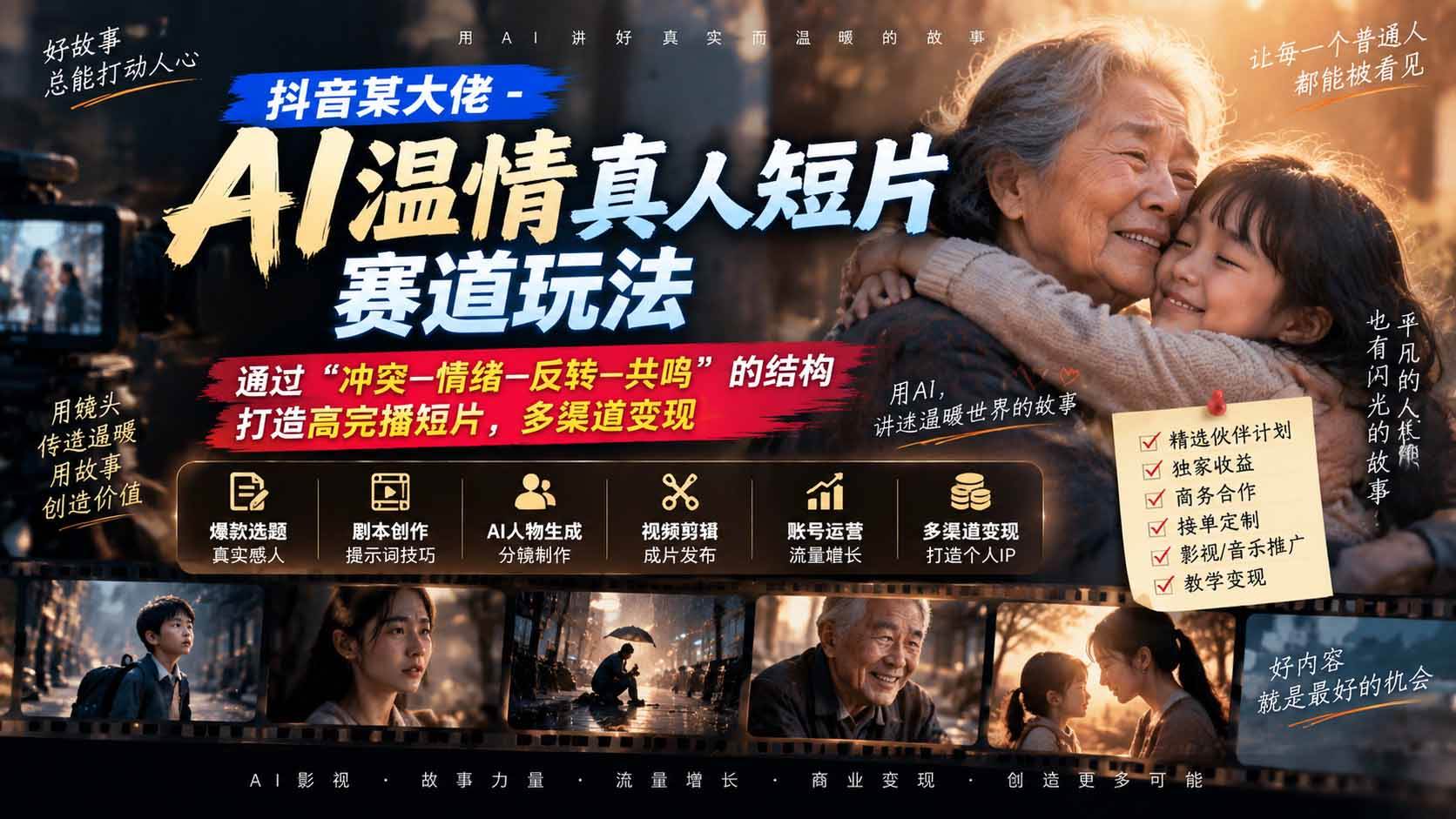 (20538期)抖音某大佬-AI温情真人短片赛道玩法:通过“冲突—情绪—反转—共鸣”的结构打造高完播短片,多渠道变现-凡人轻创