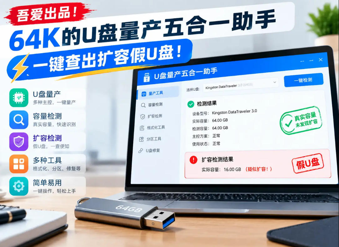 吾爱出品！64K的U盘量产五合一助手，一键查出扩容假U盘！-凡人轻创