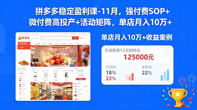 （16473期）拼多多稳定盈利课-11月，强付费SOP+微付费高投产+活动矩阵，单店月入10万+-凡人轻创