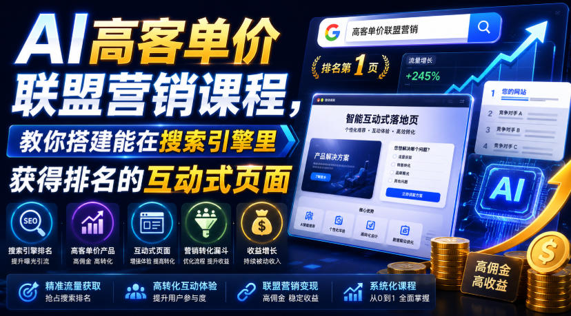 AI高客单价联盟营销课程，教你搭建能在搜索引擎里获得排名的互动式页面，引来流量，把访客转化为高佣金的成交【原创双语字幕】-凡人轻创