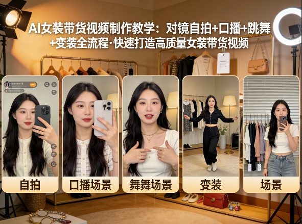 AI女装带货视频制作教学，对镜自拍、口播、跳舞、变装全流程，快速打造高质量女装带货视频-凡人轻创