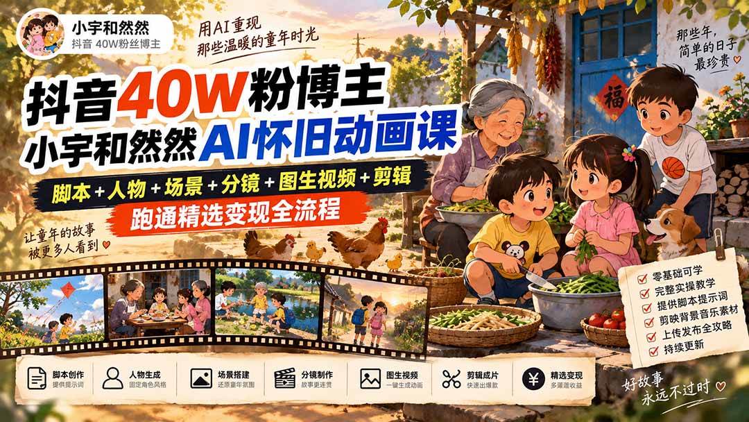 (20549期)抖音40W粉博主小宇和然然AI怀旧动画课|脚本+人物+场景+分镜+图生视频+剪辑,跑通精选变现全流程-凡人轻创