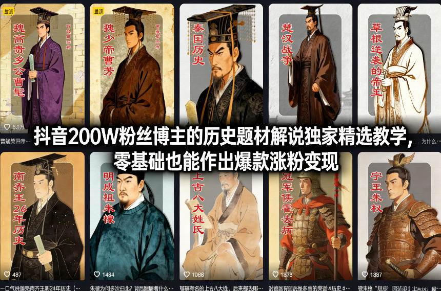 抖音200W粉丝博主的历史题材解说独家精选教学，零基础也能作出爆款涨粉变现-凡人轻创