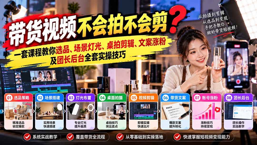 （20980期）带货视频不会拍不会剪？一套课程教你选品、场景灯光、桌拍剪辑、文案涨粉及团长后台全套实操技巧 复制标题-凡人轻创
