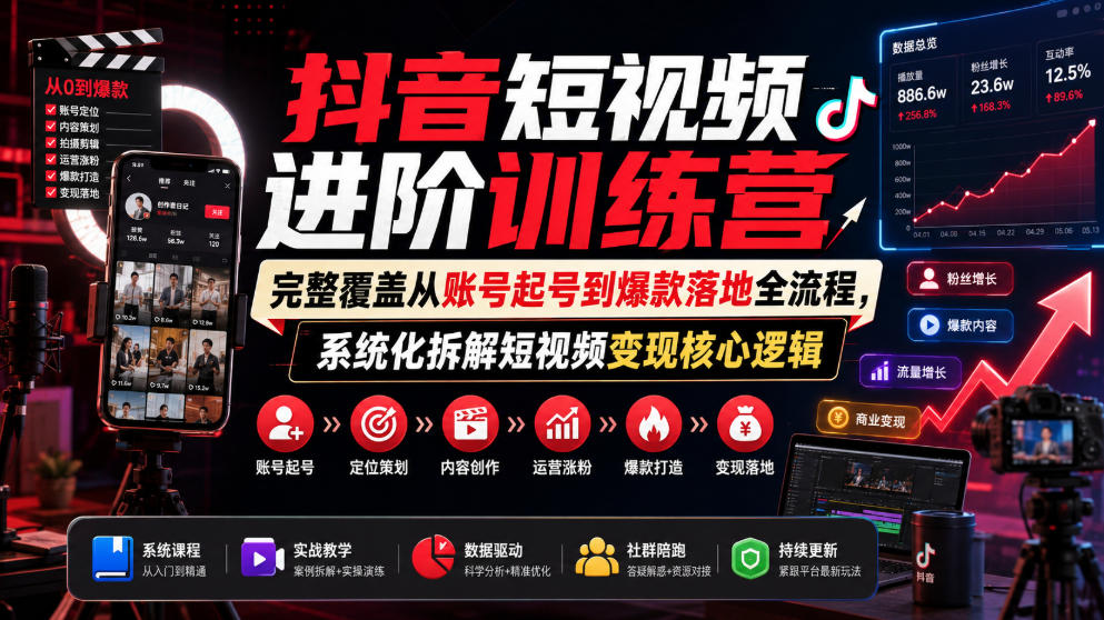 抖音短视频进阶训练营,完整覆盖从账号起号到爆款落地全流程,系统化拆解短视频变现核心逻辑-凡人轻创