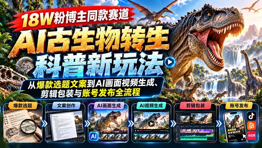 (20833期)18W粉博主同款赛道-AI古生物转生科普新玩法:从爆款选题文案到AI画面视频生成、剪辑包装与账号发布全流程-凡人轻创