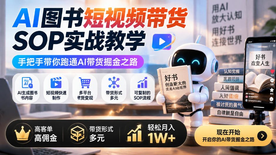 AI图书短视频带货SOP实战教学,手把手带你跑通AI带货掘金之路,高客单高佣金,带货形式多元,轻松月入1W+-凡人轻创