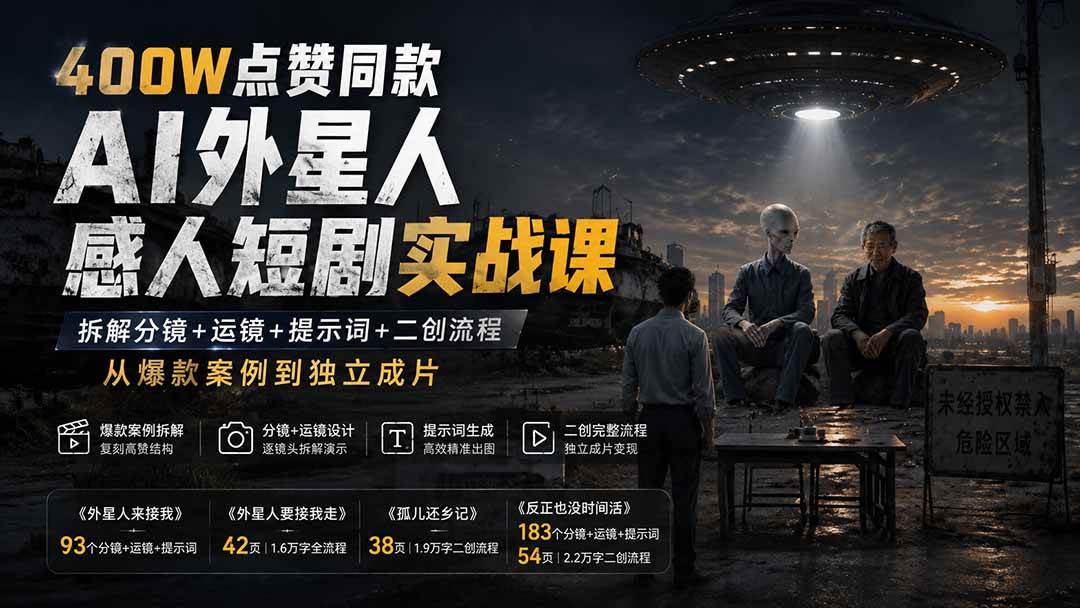 （20052期）400W点赞同款AI外星人感人短剧实战课：拆解分镜+运镜+提示词+二创流程，从爆款案例到独立成片-凡人轻创