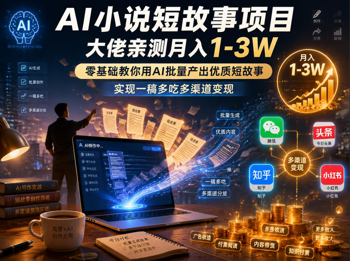 AI小说短故事项目，大佬亲测月入1-3W，零基础教你用AI批量产出优质短故事，实现一稿多吃多渠道变现（更新0624）-凡人轻创