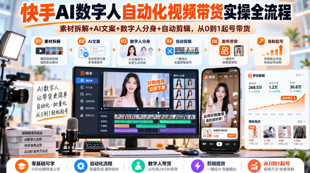 快手AI数字人自动化视频带货实操全流程|素材拆解+AI文案+数字人分身+自动剪辑,从0到1起号带货(更新26年)-凡人轻创
