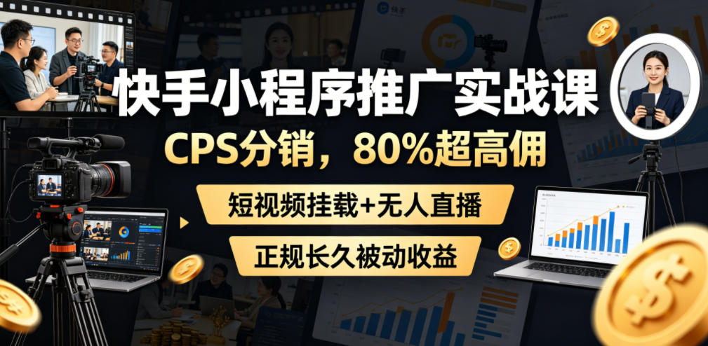 快手小程序推广实战课，CPS分销，80%超高佣，短视频挂载+无人直播，正规长久被动收益-凡人轻创