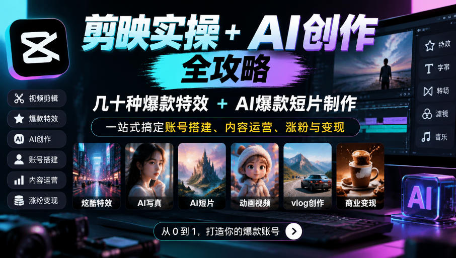 剪映实操+AI创作全攻略｜几十种爆款特效+AI爆款短片制作，一站式搞定账号搭建、内容运营、涨粉与变现-凡人轻创