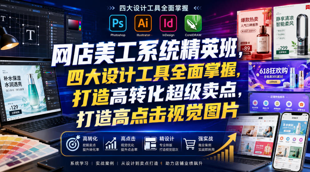 网店美工系统精英班,四大设计工具全面掌握,打造高转化超级卖点,打造高点击视觉图片(2026年7月)-凡人轻创